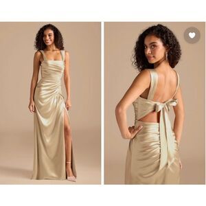 NWT Azazie Champagne Sheath Bow Metallic Satin Side Ruched Maxi Dress Women's 6